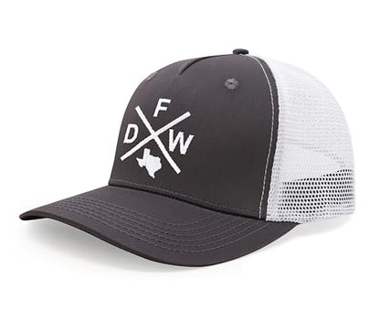 International Tie Dallas Fort Worth DFW Hat for Men and Women - Snapback Trucker Baseball Cap (Grey/White)