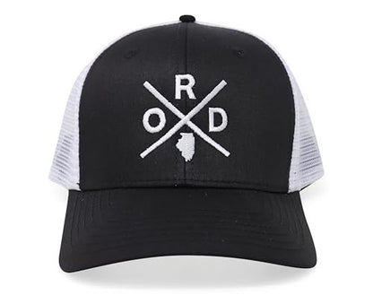 International Tie Premium Chicago O’Hare International Airport ORD Hat for Men and Women – Snapback Trucker Baseball Cap (Black/White)