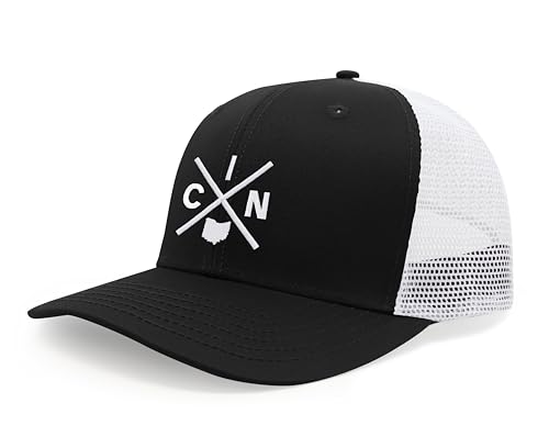 International Tie Cincinnati CIN Hat for Men and Women - Snapback Trucker Baseball Cap (Black/White) - International Tie