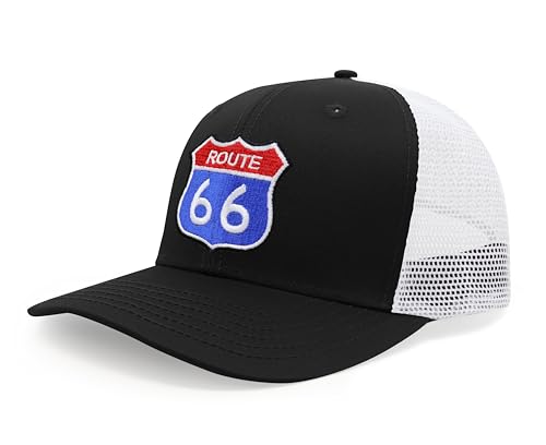 International Tie Route 66 Hat for Men and Women - Snapback Trucker Baseball Cap (Black/White)