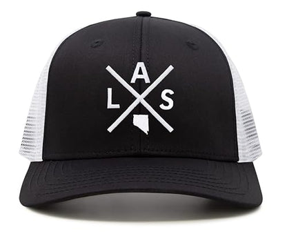 International Tie Harry Reid International Airport LAS Hat for Men and Women - Snapback Trucker Baseball Cap (Black/White)