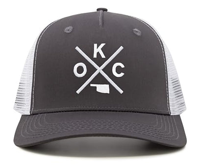 International Tie Oklahoma City OKC Hat for Men and Women - Snapback Trucker Baseball Cap (Grey/White)
