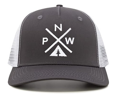 International Tie Pacific Northwest PNW Hat for Men and Women - Snapback Trucker Baseball Cap (Grey/White)