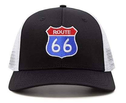 International Tie Route 66 Hat for Men and Women - Snapback Trucker Baseball Cap (Black/White)