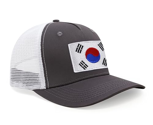 International Tie Premium South Korea Flag Hat for Men and Women - Snapback Trucker Baseball Cap (Grey White)