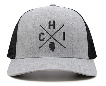 International Tie Premium Chicago CHI Flag Hat Men and Women – Snapback Trucker Baseball Cap (Grey/Black)
