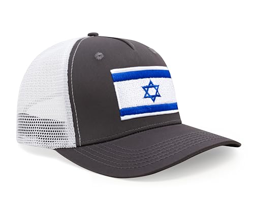International Tie Premium Israel Flag Hat for Men and Women - Snapback Trucker Baseball Cap (Grey White)