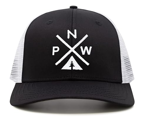International Tie Pacific Northwest PNW Hat for Men and Women - Snapback Trucker Baseball Cap (Black/White)