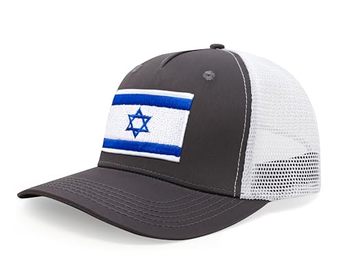 International Tie Premium Israel Flag Hat for Men and Women - Snapback Trucker Baseball Cap (Grey White)