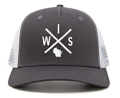 International Tie Wisconsin WIS Hat for Men and Women - Snapback Trucker Baseball Cap (Grey/White)