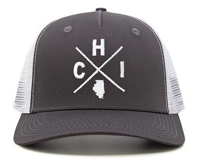 International Tie Premium Chicago CHI Flag Hat Men and Women – Snapback Trucker Baseball Cap (Grey/White)