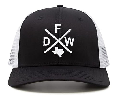 International Tie Premium Dallas Fort Worth DFW Hat for Men and Women – Lone Star State Snapback Trucker Baseball Cap (Black/White)