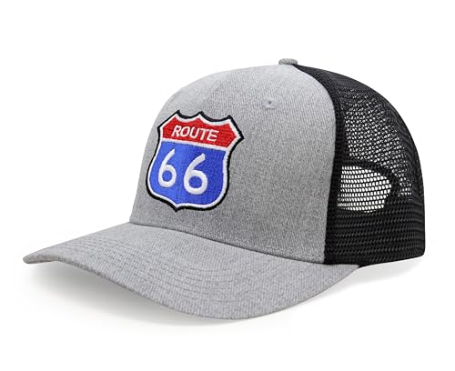 International Tie Premium Route 66 Hat for Men and Women – Mother Road Snapback Trucker Baseball Cap (Grey/Black)