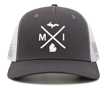 International Tie Michigan MI Hat for Men and Women - Snapback Trucker Baseball Cap (Grey/White)