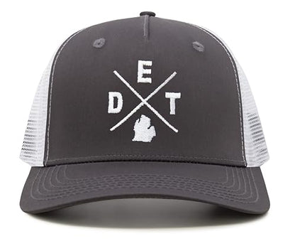 International Tie Premium Detroit DET Hat for Men and Women – Snapback Trucker Baseball Cap (Grey/White)