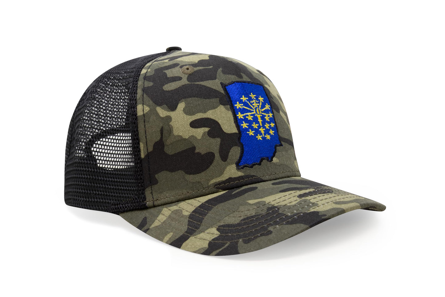 International Tie Stateline Flag Hat for Men and Women - Snapback Trucker Baseball Cap (Indiana, Camouflage) - International Tie