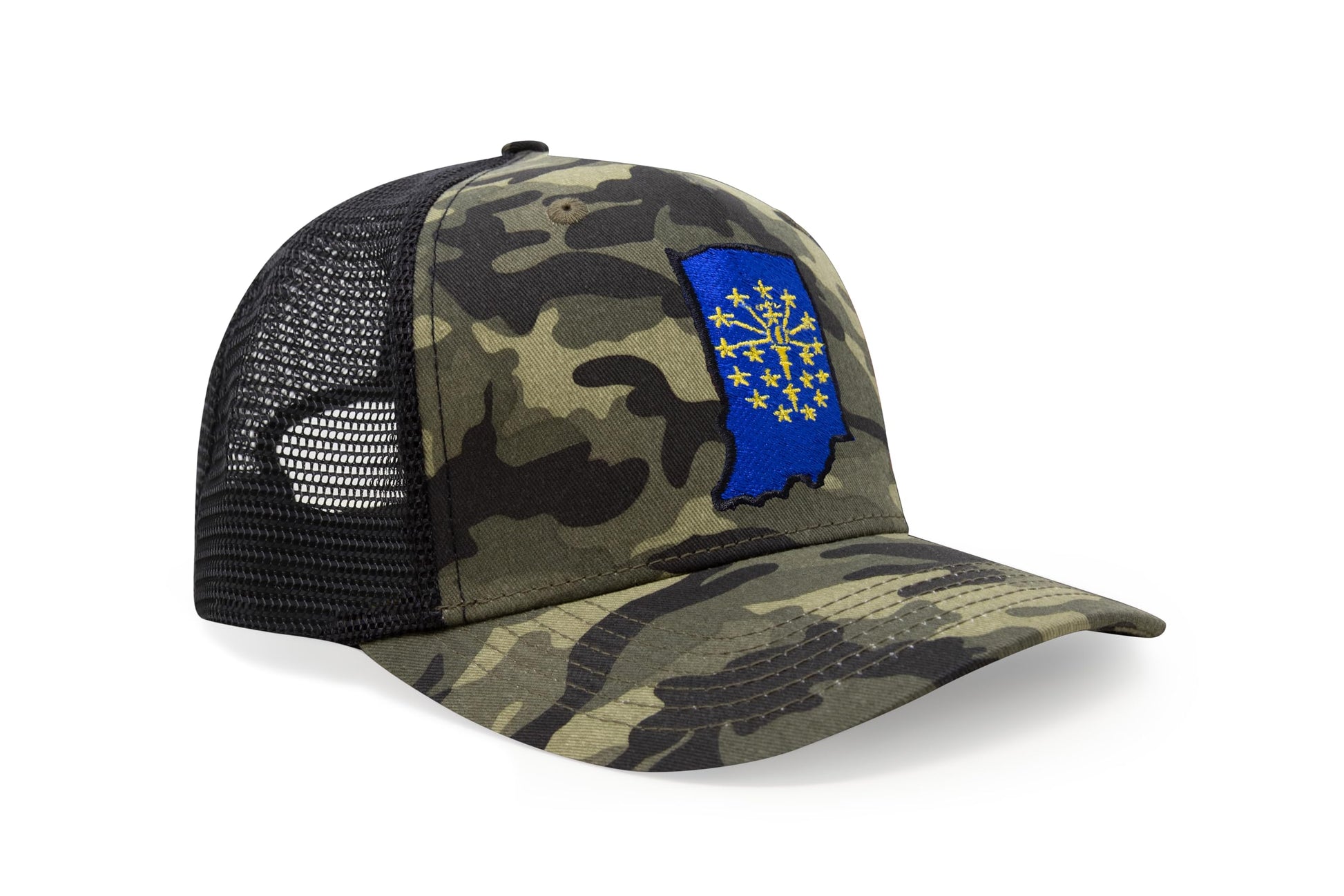 International Tie Stateline Flag Hat for Men and Women - Snapback Trucker Baseball Cap (Indiana, Camouflage) - International Tie
