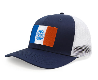 International Tie New York City Flag Hat for Men and Women - Adjustable Snapback Trucker Baseball Cap (Navy White)