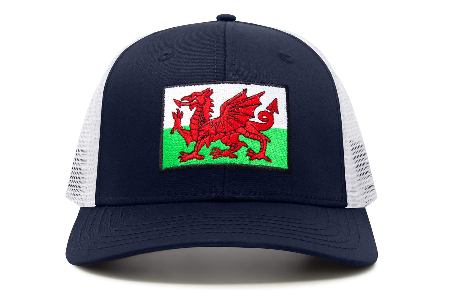 International Tie Country Hat for Men and Women, Adjustable Snapback Trucker Baseball Cap with Embroidered Patch (Wales, Navy White)
