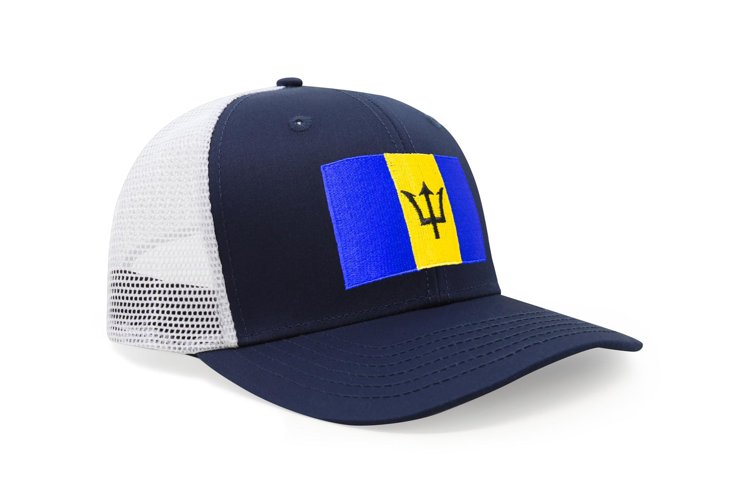 International Tie Country Hat for Men and Women, Adjustable Snapback Trucker Baseball Cap with Embroidered Patch (Barbados, Navy White) - International Tie