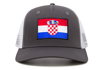 International Tie Country Hat for Men and Women, Adjustable Snapback Trucker Baseball Cap with Embroidered Patch (Croatia, Grey White)