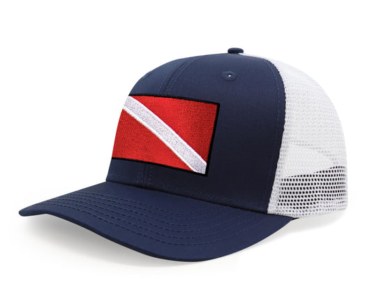 International Tie Scuba Diver Hat for Men and Women, Adjustable Snapback Trucker Baseball Cap with Embroidered Scuba Flag (Navy White)