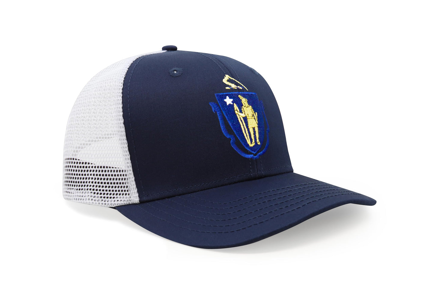 International Tie State Hat for Men and Women, Adjustable Snapback Trucker Baseball Cap with Embroidered Patch (Massachusetts, Navy White) - International Tie
