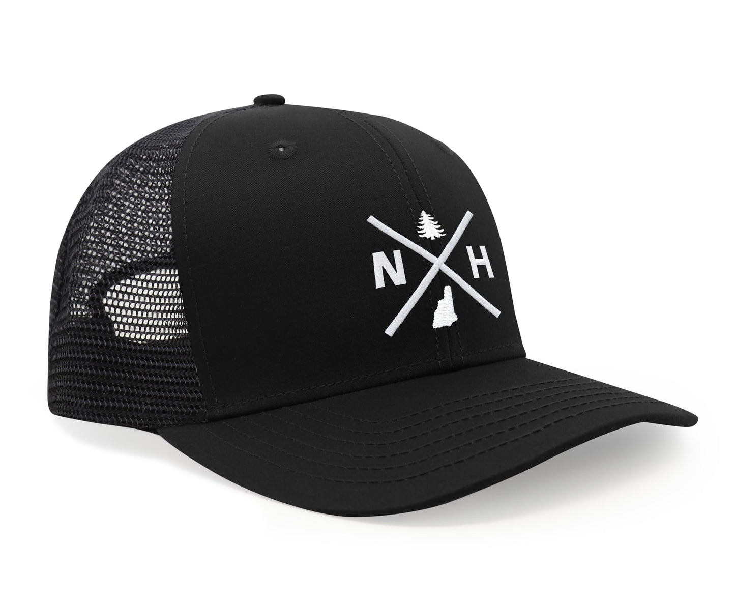 International Tie Hat for Men and Women, Adjustable Snapback Trucker Baseball Cap, Embroidered Cross Logo (NH- New Hampshire, All Black)