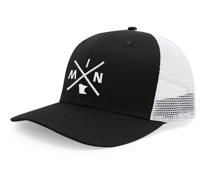International Tie Hat for Men and Women, MIN Snapback Trucker Baseball Cap, Embroidered Cross Logo (MIN - Minnesota, Black White)