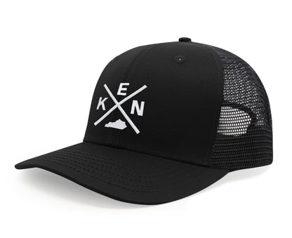 International Tie Hat for Men and Women, Adjustable Snapback Trucker Baseball Cap, Embroidered Cross Logo (KEN - Kentucky, All Black)
