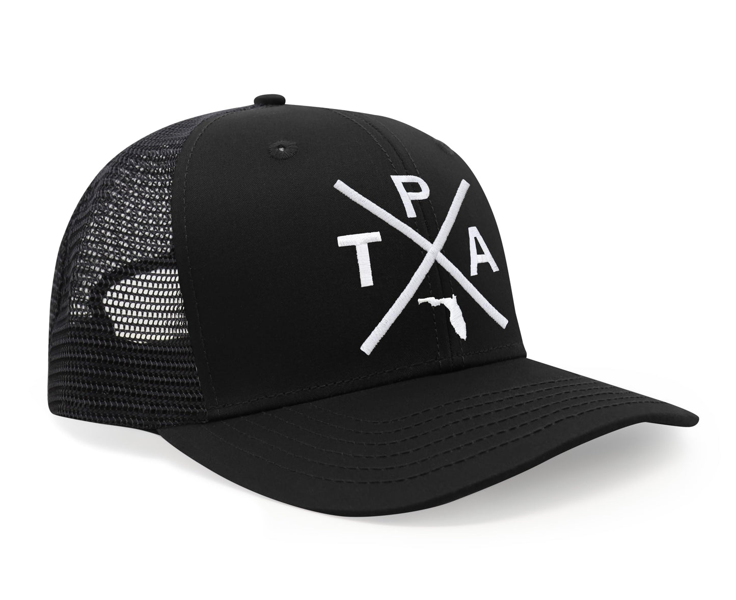 International Tie Hat for Men and Women, Snapback Trucker Baseball Cap, Embroidered Cross Logo (Tampa - TPA, All Black)
