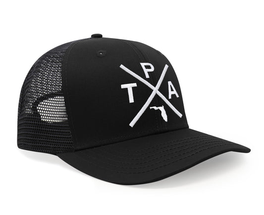 International Tie Hat for Men and Women, Snapback Trucker Baseball Cap, Embroidered Cross Logo (Tampa - TPA, All Black)