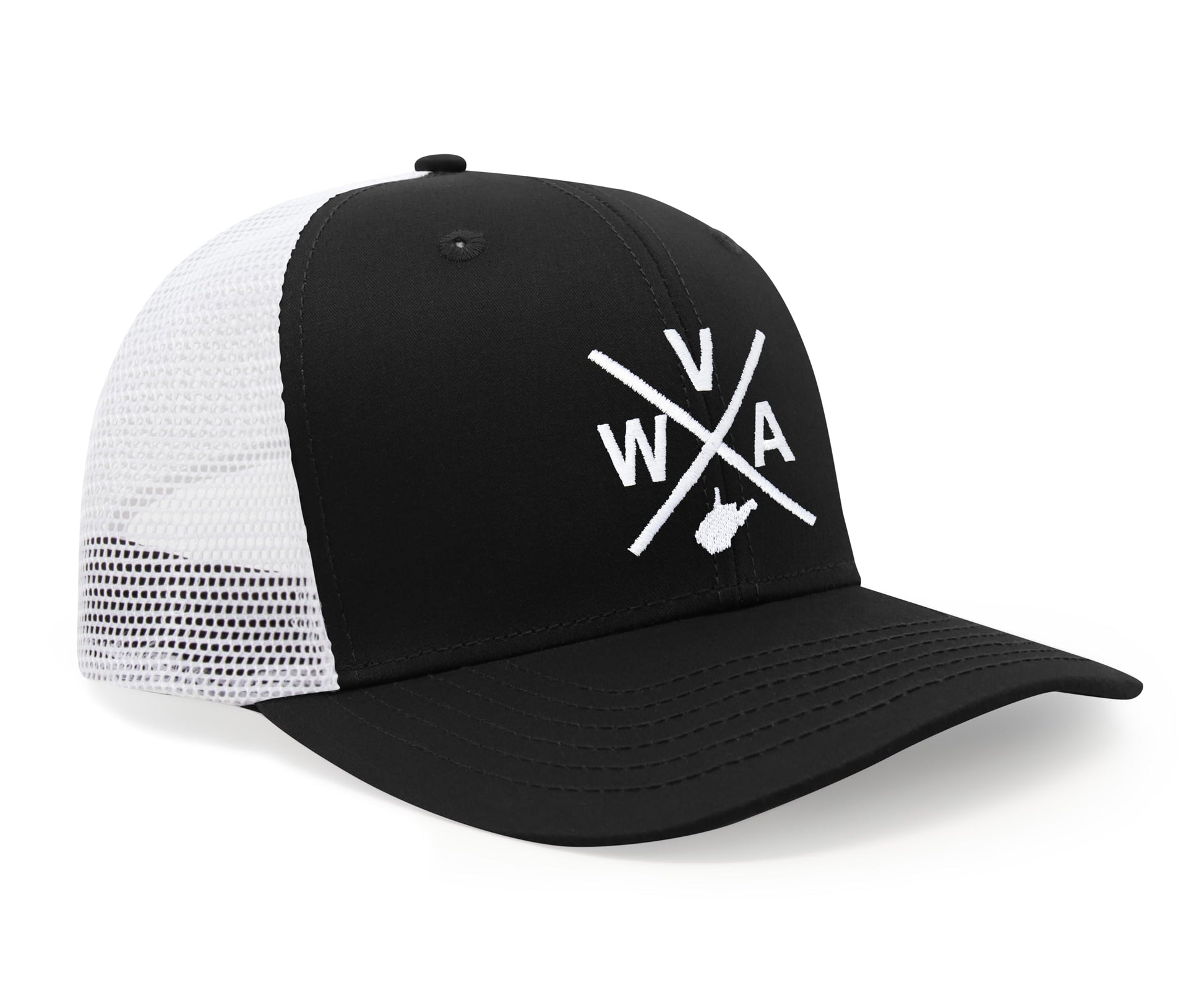 International Tie State City Hat for Men and Women, Snapback Trucker Baseball Cap with Embroidered Cross Logo (West Virginia - WVA, Black White) - International Tie