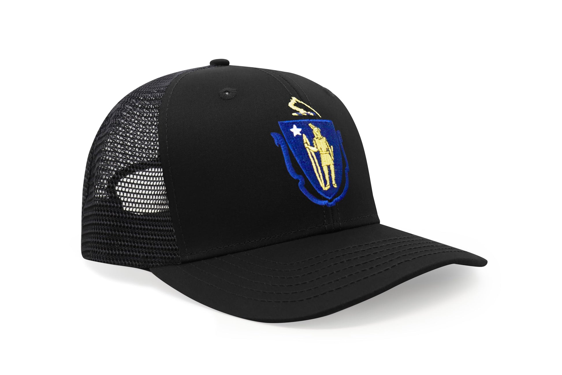 International Tie State Hat for Men and Women, Adjustable Snapback Trucker Baseball Cap with Embroidered Patch (Massachusetts, All Black) - International Tie