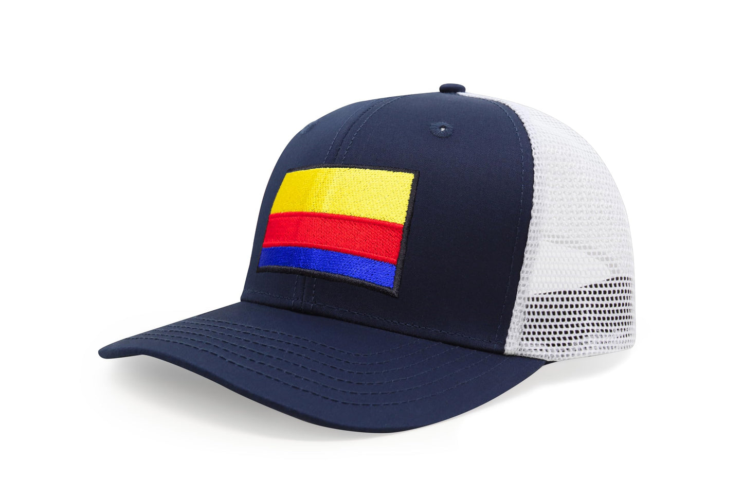 International Tie Country Hat for Men and Women, Adjustable Snapback Trucker Baseball Cap with Embroidered Patch (Colombia, Navy White)