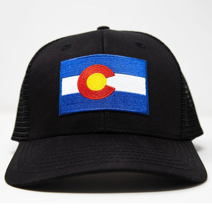 International Tie Colorado Hat – Colorado Flag Adjustable One Size Trucker Cap, Baseball, Snapback with an Embroidered Patch (All Black)