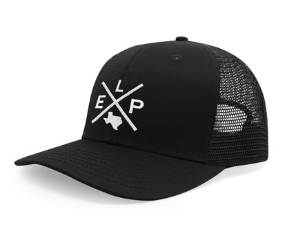 International Tie Hat for Men and Women, ELP Snapback Trucker Baseball Cap, Embroidered Cross Logo (ELP - El Paso, All Black)