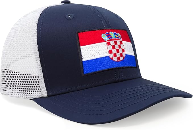 International Tie Country Hat for Men and Women, Adjustable Snapback Trucker Baseball Cap with Embroidered Patch (Croatia, Navy White) - International Tie