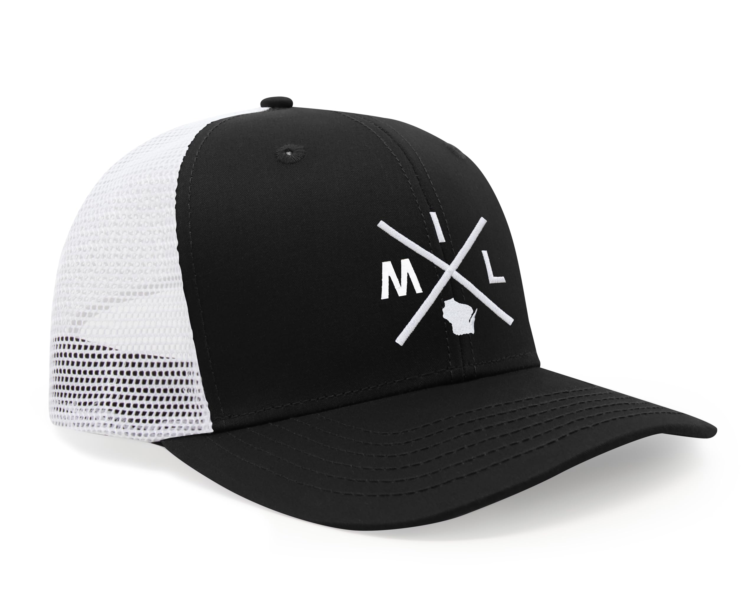 International Tie Hat for Men and Women, Adjustable Snapback Trucker Baseball Cap, Embroidered Cross Logo (MIL - Milwaukee, Black White)