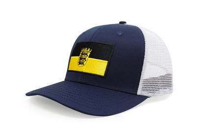International Tie State Hat for Men and Women, Adjustable Snapback Trucker Baseball Cap with Embroidered Patch (Baden-Wurttemberg, Navy White)