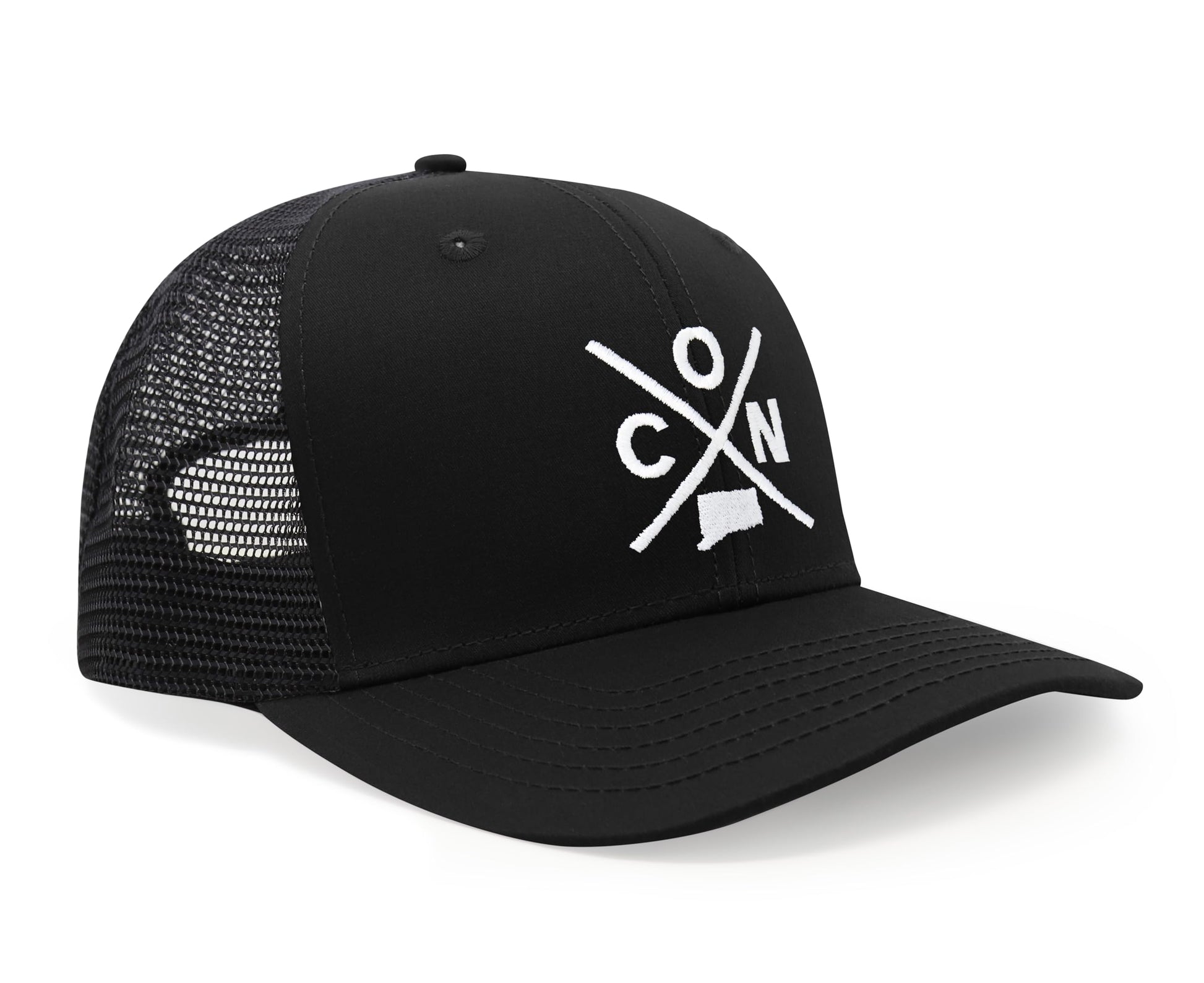 International Tie State City Hat for Men and Women, Snapback Trucker Baseball Cap with Embroidered Cross Logo (Connecticut - CON, All Black) - International Tie