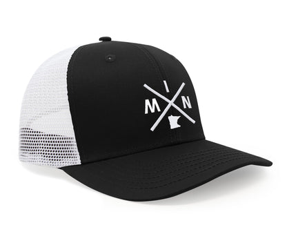 International Tie Hat for Men and Women, MIN Snapback Trucker Baseball Cap, Embroidered Cross Logo (MIN - Minnesota, Black White)