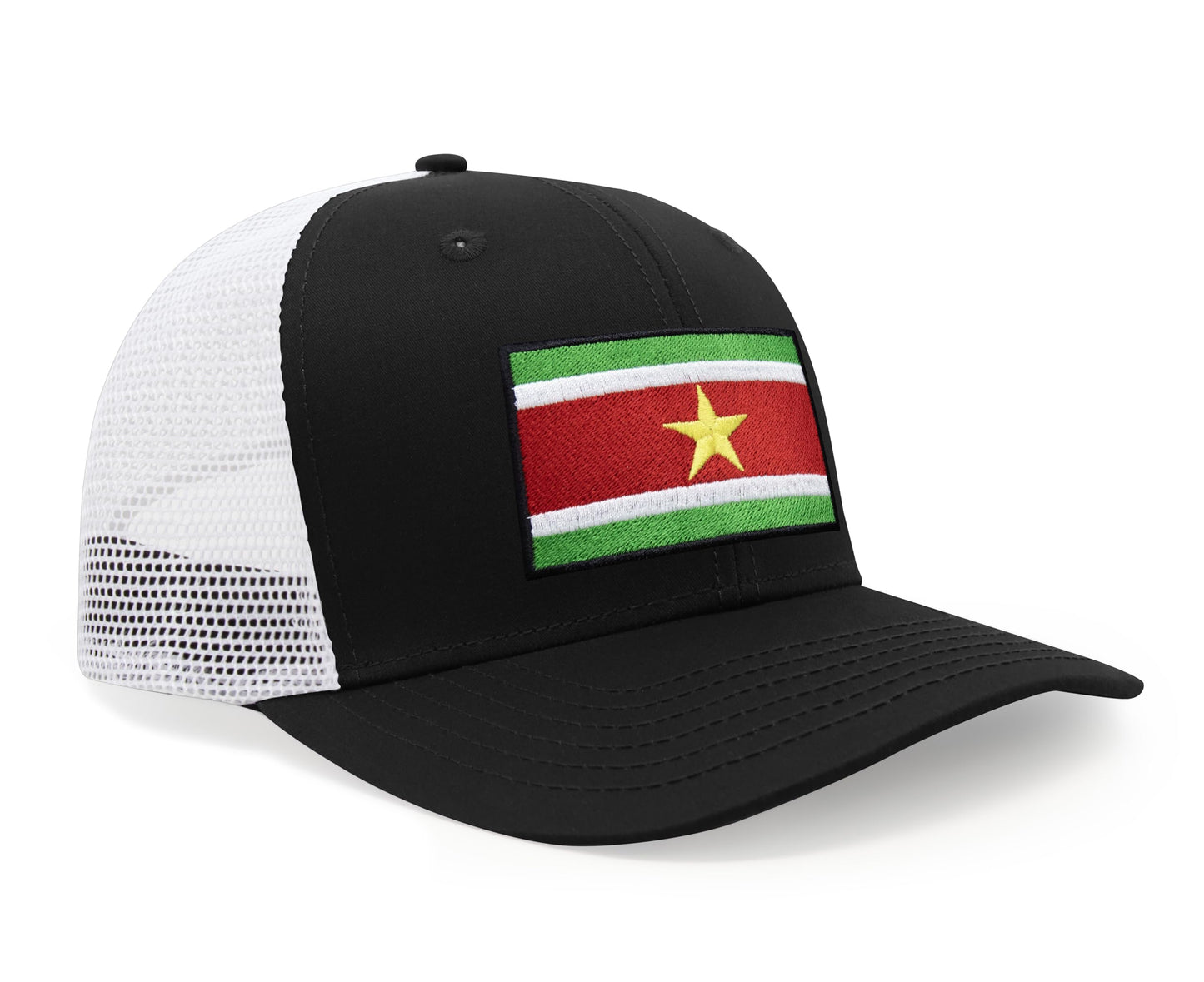 International Tie Country Hat for Men and Women, Adjustable Snapback Trucker Baseball Cap with Embroidered Patch (Suriname, Black White) - International Tie