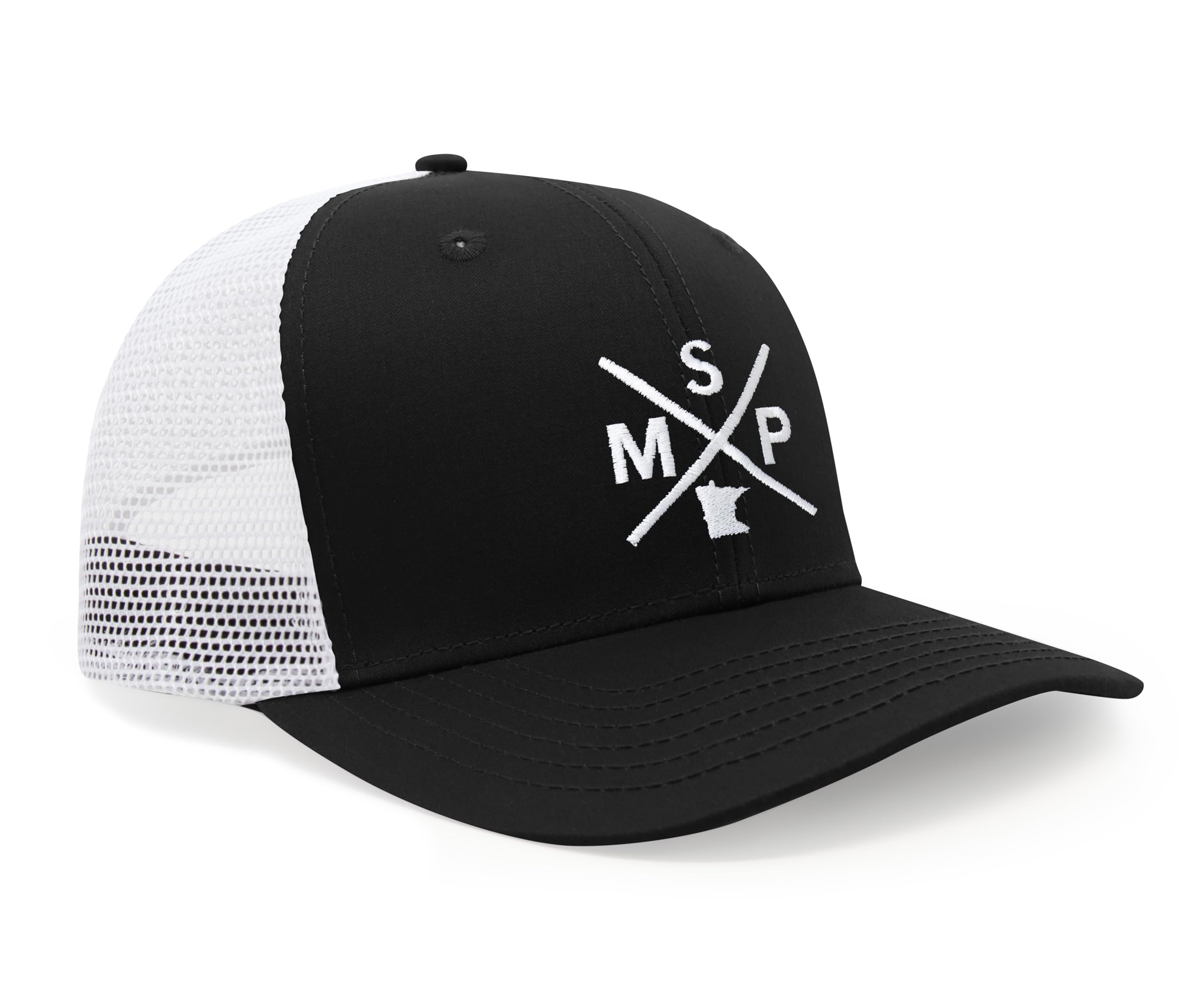 International Tie State City Hat for Men and Women, Snapback Trucker Baseball Cap with Embroidered Cross Logo (MSP - Minneapolis St. Paul, Black White)