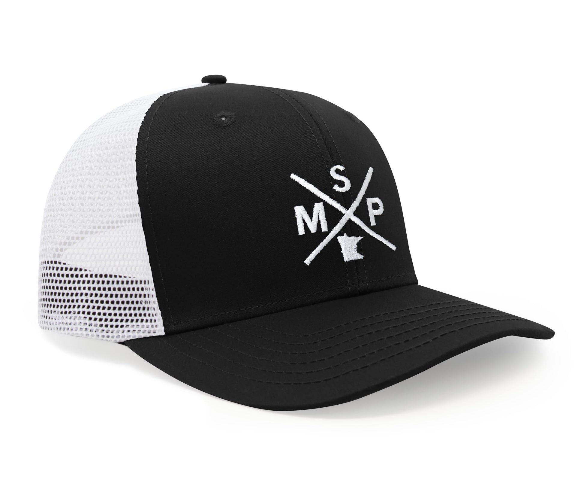 International Tie State City Hat for Men and Women, Snapback Trucker Baseball Cap with Embroidered Cross Logo (MSP - Minneapolis St. Paul, Black White) - International Tie