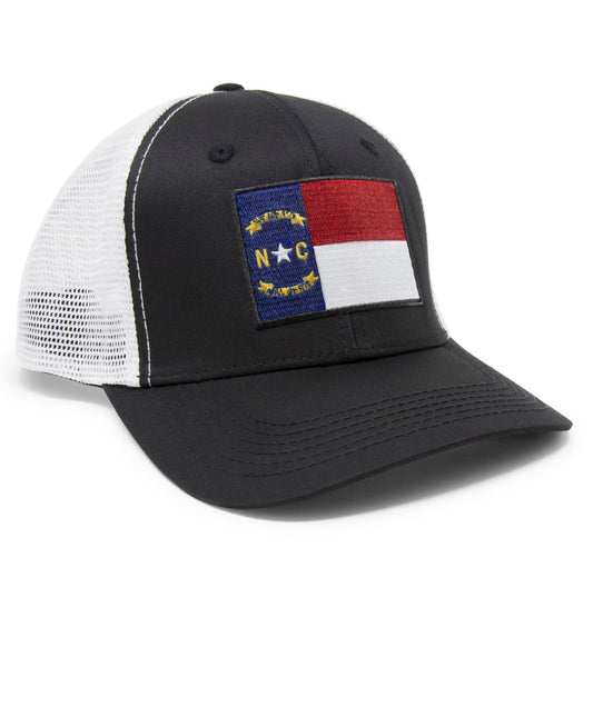 North Carolina Flag Trucker Baseball Snapback Hat (Black White) - International Tie