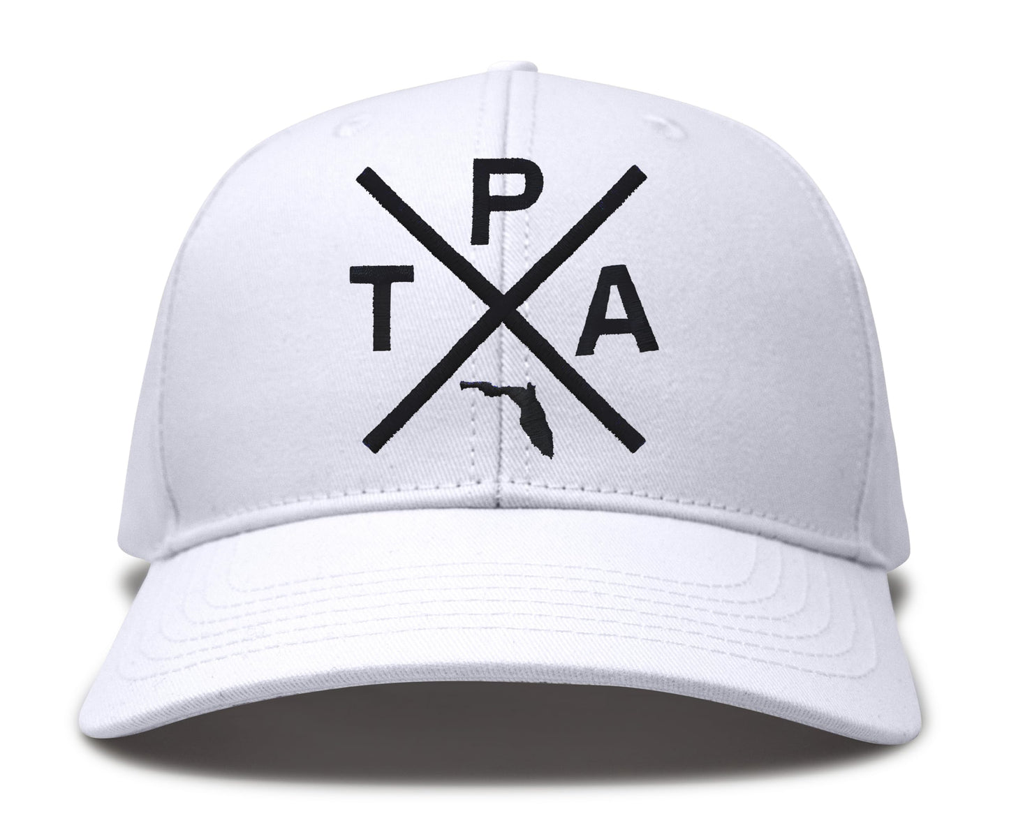 International Tie Hat for Men and Women, Snapback Trucker Baseball Cap, Embroidered Cross Logo (Tampa - TPA, All White)