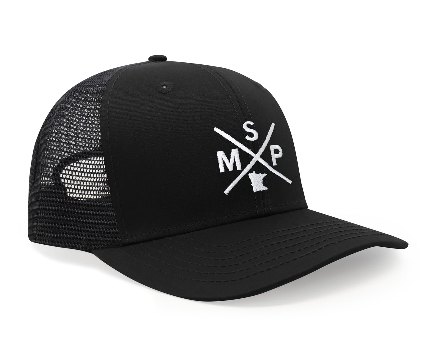International Tie State City Hat for Men and Women, Snapback Trucker Baseball Cap with Embroidered Cross Logo (MSP - Minneapolis St. Paul, All Black) - International Tie