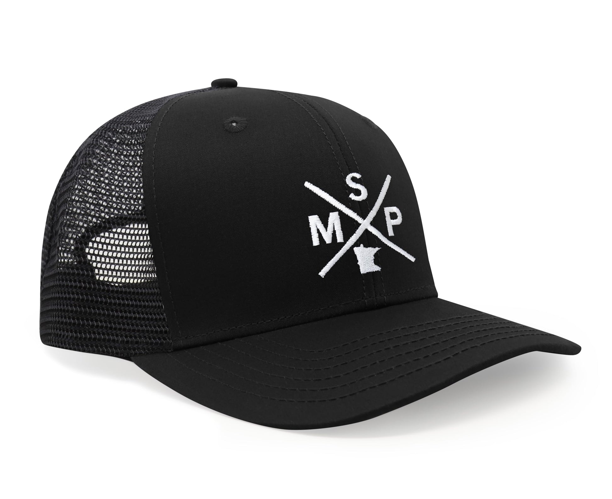International Tie State City Hat for Men and Women, Snapback Trucker Baseball Cap with Embroidered Cross Logo (MSP - Minneapolis St. Paul, All Black) - International Tie