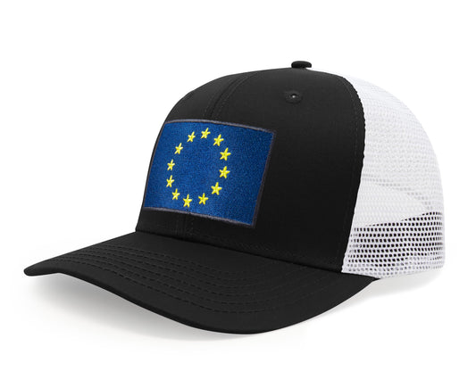 European Flag Hat for Men and Women - EU Trucker Snapback Baseball Cap by International Tie (Black White)